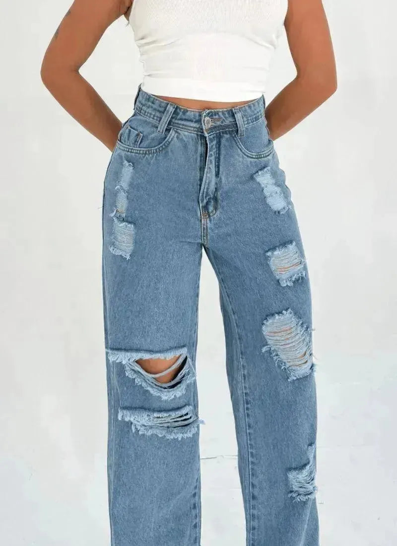 Calça Jeans Feminina Pantalona Wide Leg Destroyed - Thevelluto