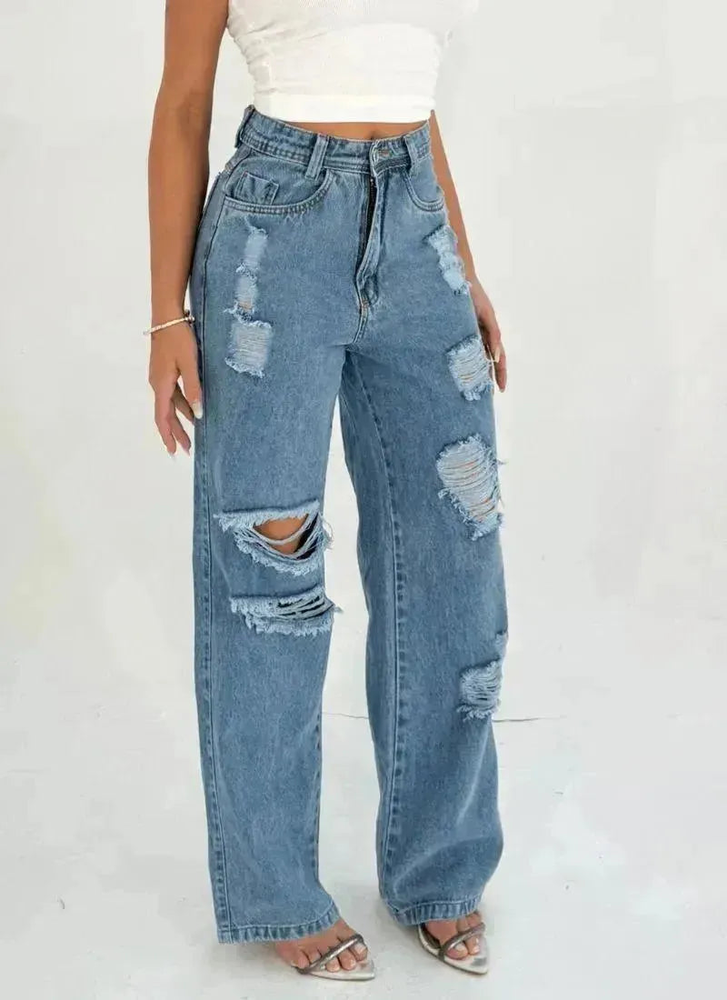 Calça Jeans Feminina Pantalona Wide Leg Destroyed - Thevelluto