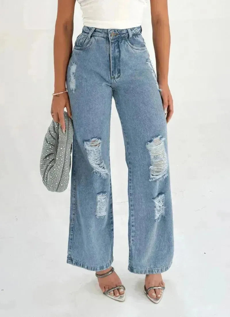 Calça Jeans Feminina Wide Leg Destroyed - Thevelluto