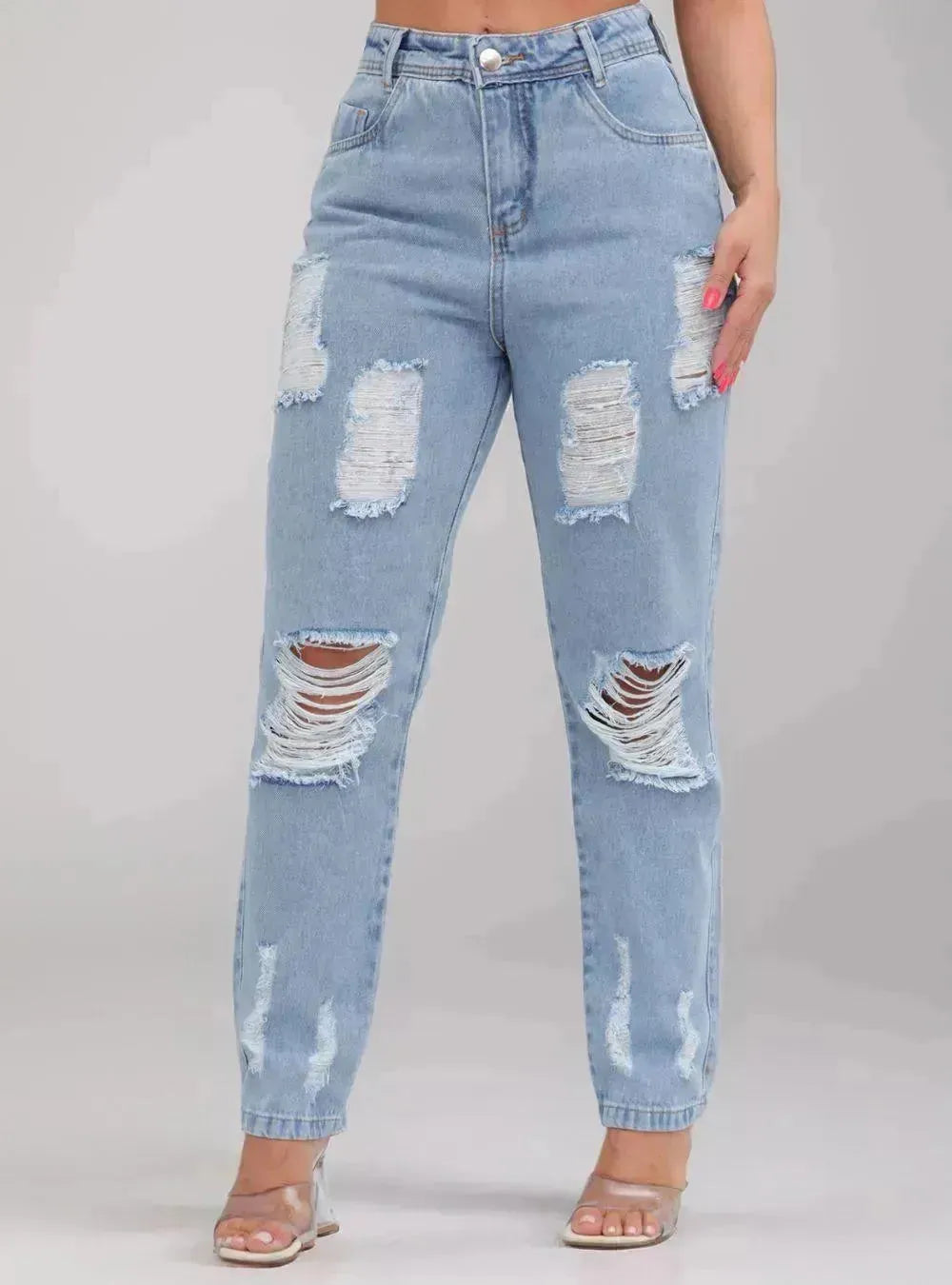 Calça Jeans Feminina Cintura Alta Casual Destroyed - Thevelluto