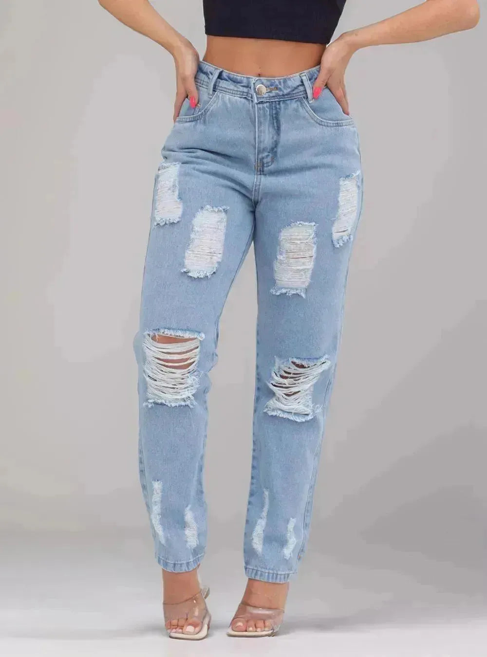 Calça Jeans Feminina Cintura Alta Casual Destroyed - Thevelluto