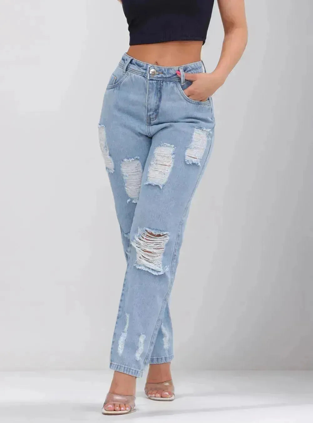 Calça Jeans Feminina Cintura Alta Casual Destroyed - Thevelluto