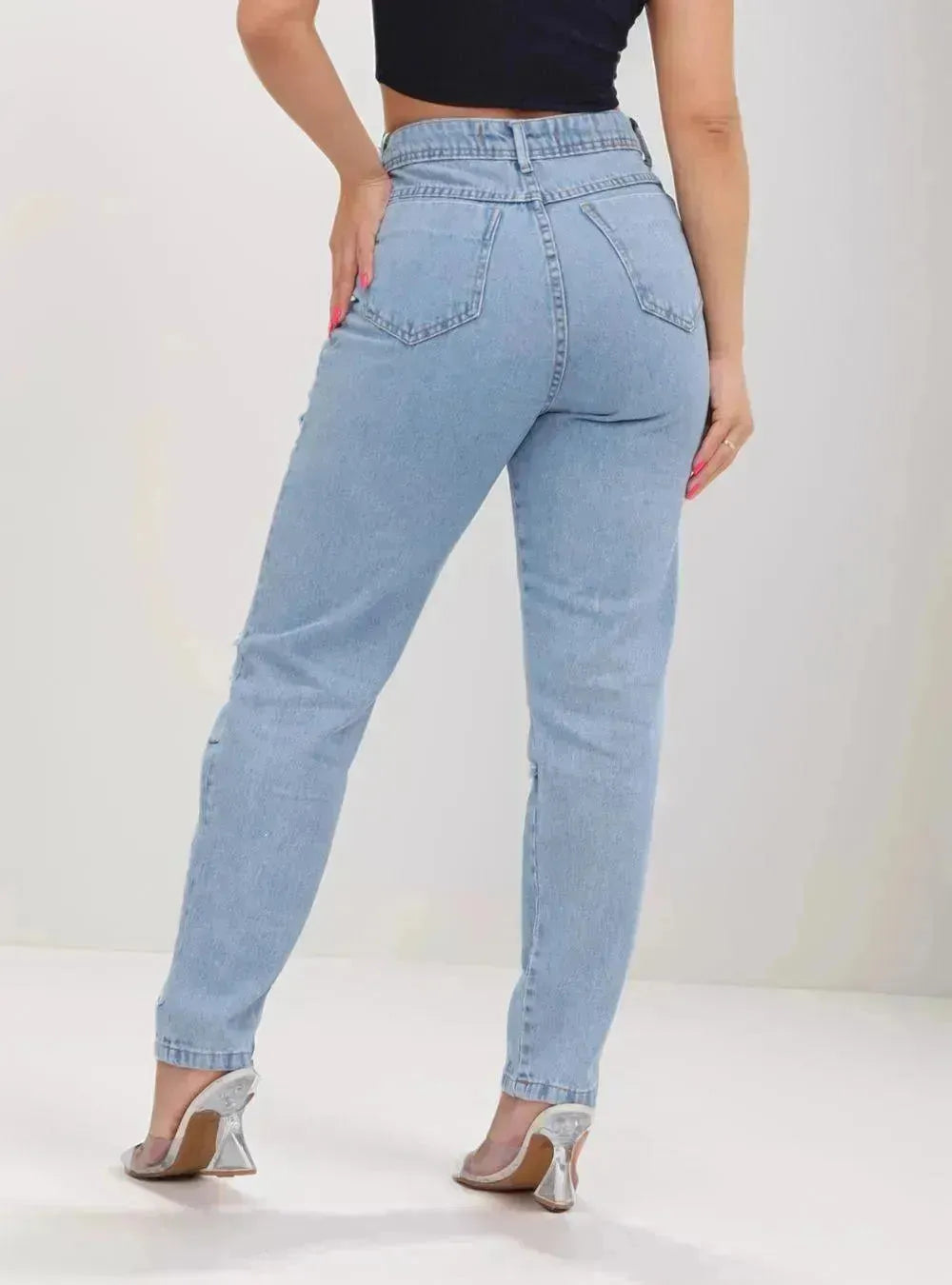 Calça Jeans Feminina Cintura Alta Casual Destroyed - Thevelluto