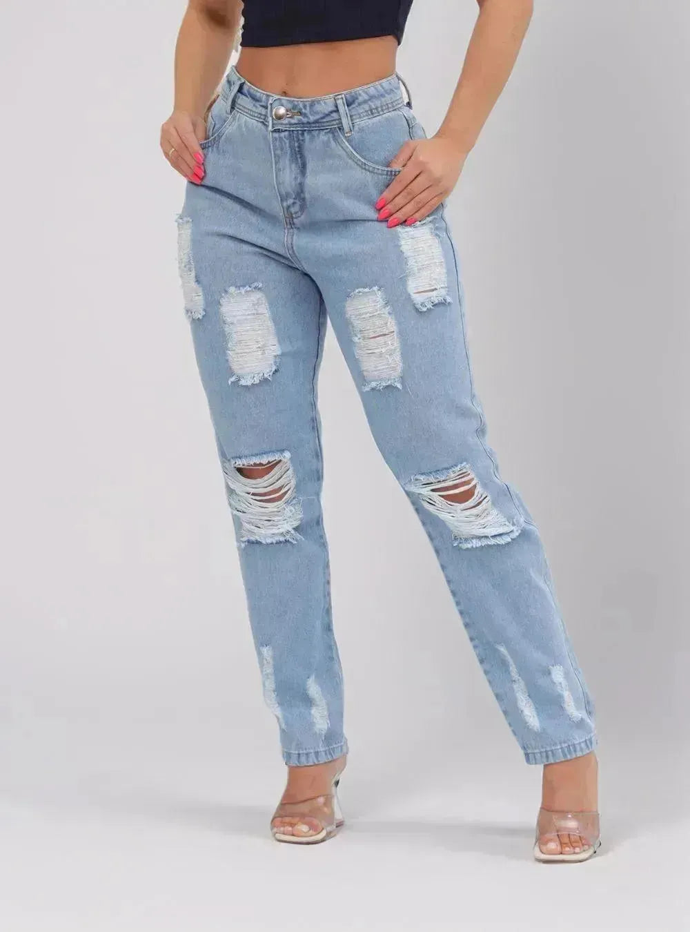 Calça Jeans Feminina Cintura Alta Casual Destroyed - Thevelluto